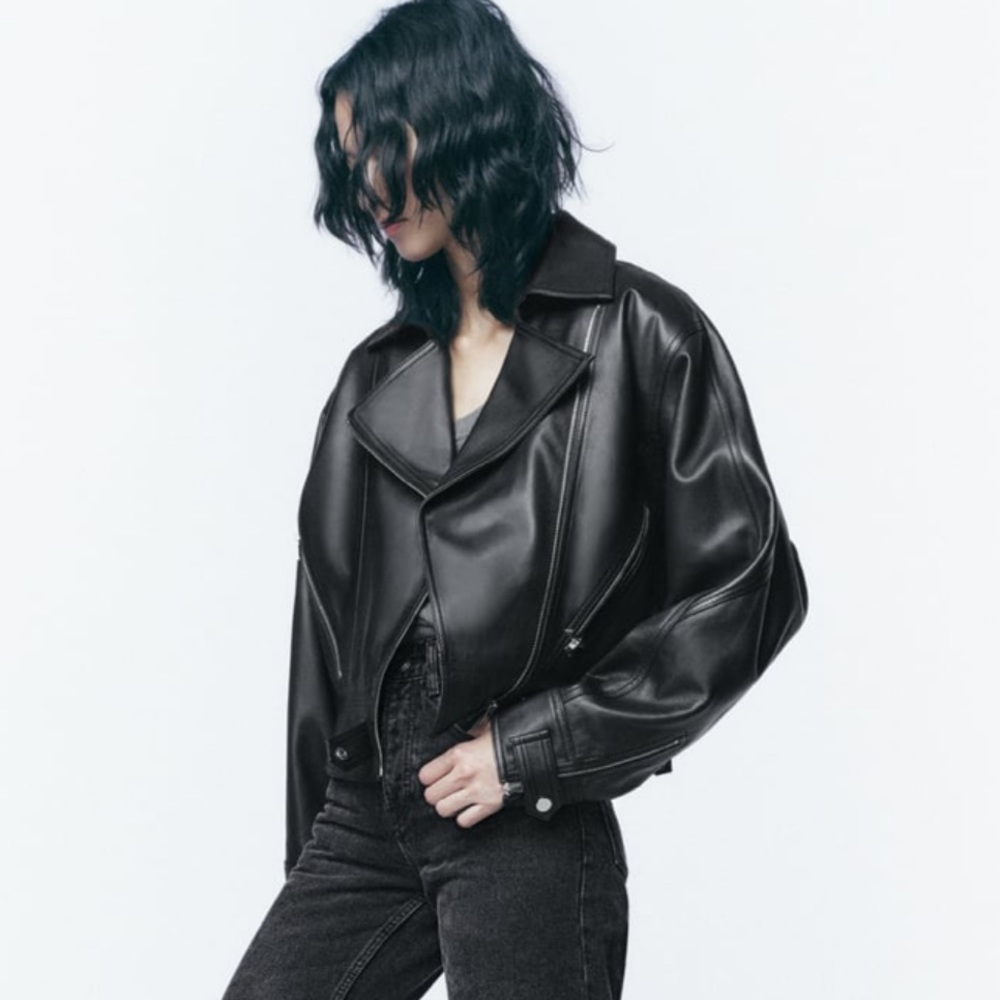 NEW Zara Genuine Leather Cropped Black Biker Jacket LIMITED EDITION